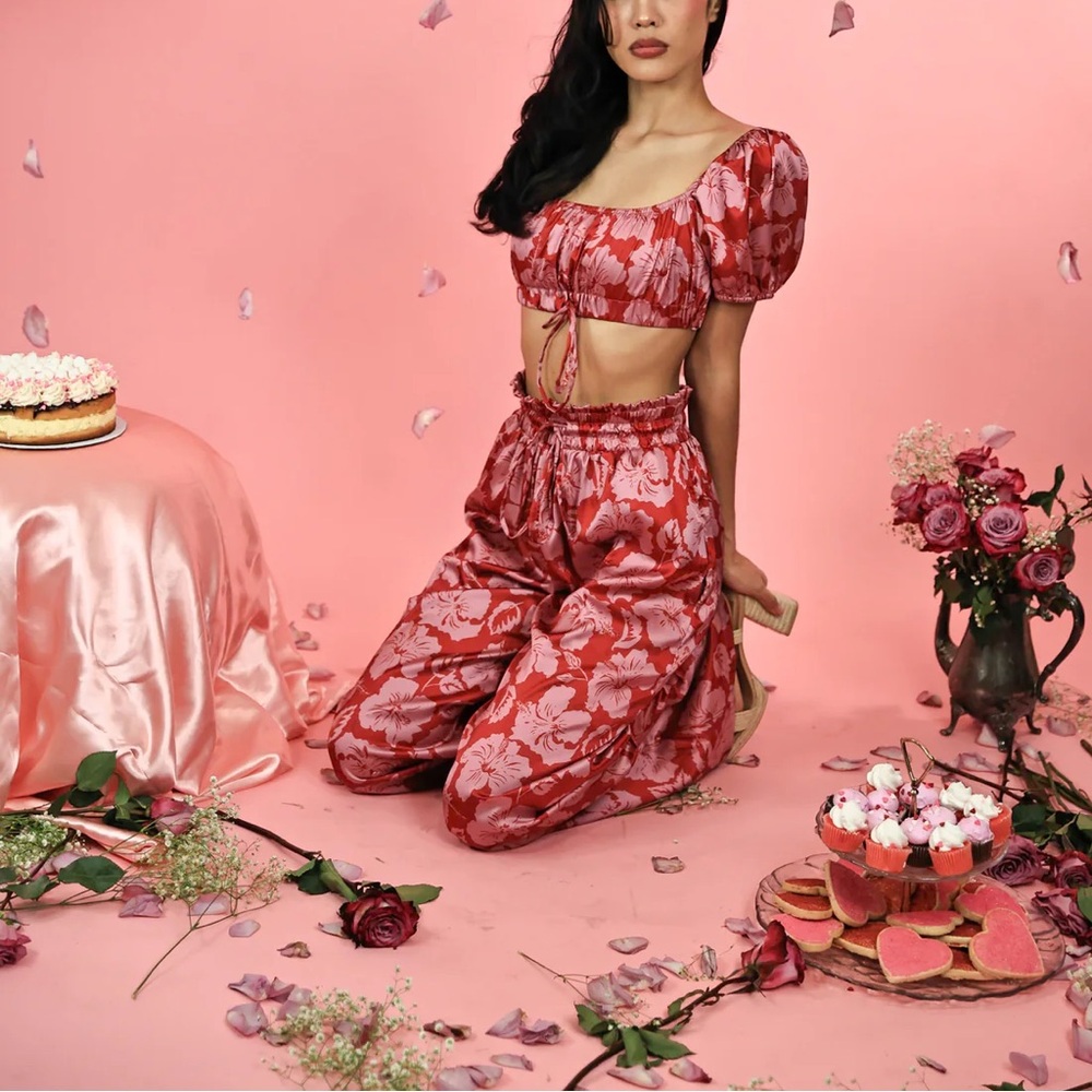 EUC LEXBREEZY LOLA 🍒cherry red Strawberry island Hibiscus High waisted Pants
